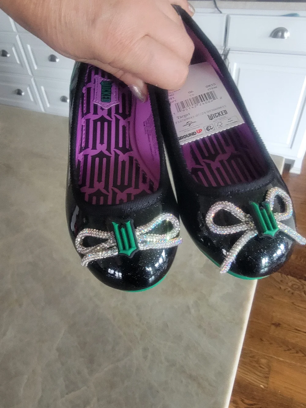 Kids Black Ballet Flats with Purple Insole and Green Accent -Wicked Size 3 & 11T